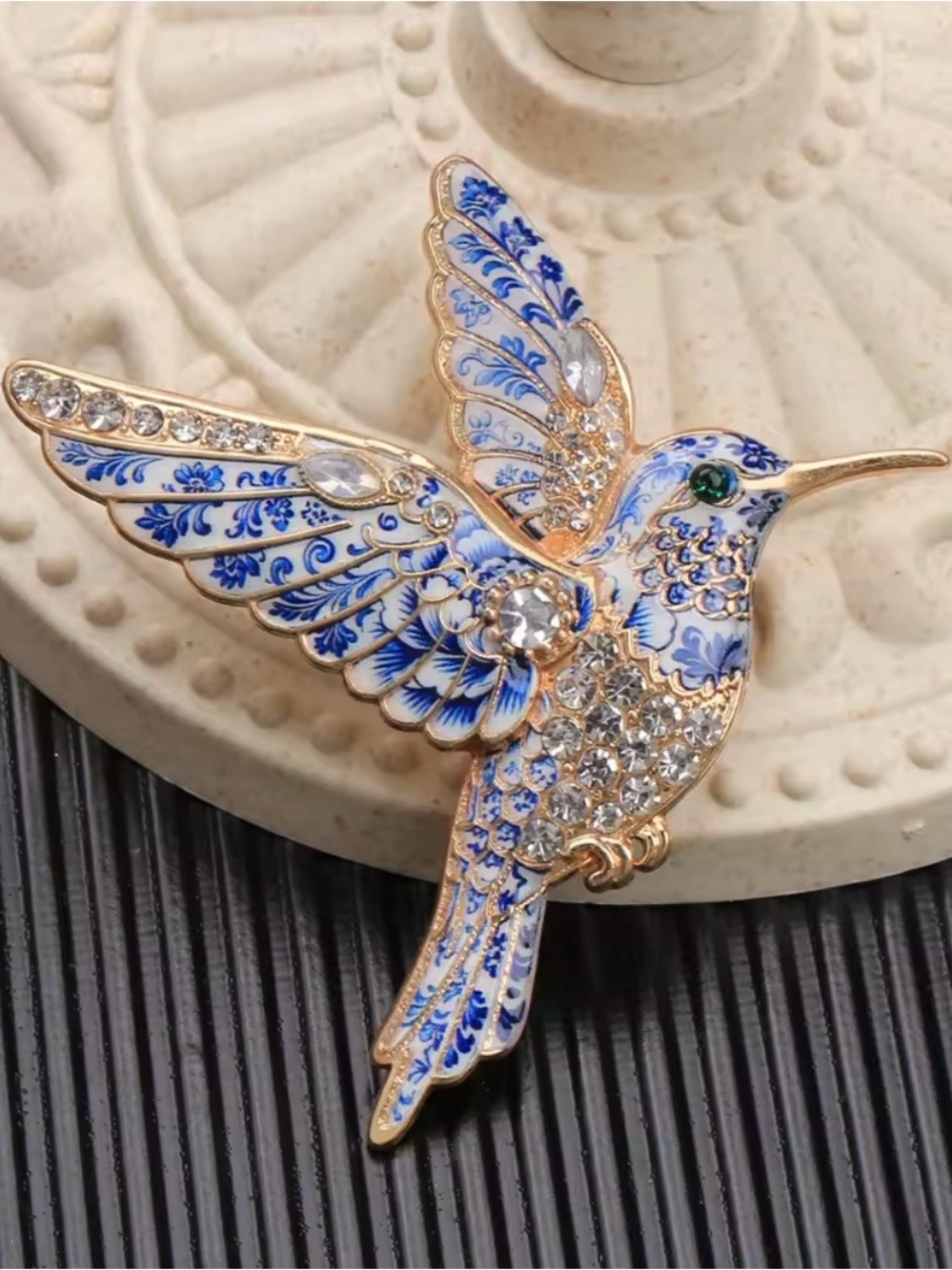 Anthropologie Blue and White Hummingbird Enamel Brooch with Crystal Accents
